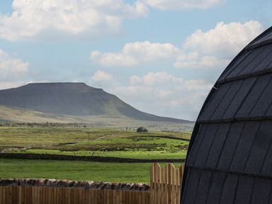 A grassy field with sheep a wooden fence and a rocky hill in the background at Barn Owl in Chapel Le Dale near Ingleton