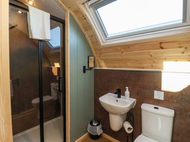 A bathroom with a shower, toilet, sink, and a skylight window at Curlew in Chapel Le Dale near Ingleton