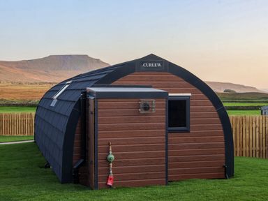 An arched small building with wood siding and a black roof in a grassy area at Curlew Chapel Le Dale near Ingleton