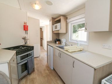 A kitchen with a stove microwave sink and window at 26 Manleigh Park in Combe Martin