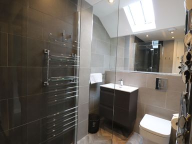 A bathroom with a sink cabinet toilet towel holder and a skylight at Little Robin Cottage in Ambleside