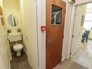 A toilet with a mirror and plants above the cistern near a wooden door and an open door showing a dining area at Belmont House Bowness-On-Windermere