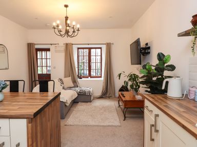 An open living room and kitchen area with a sofa coffee table plants and a wall-mounted TV at Hole in the Wall in Caernarfon