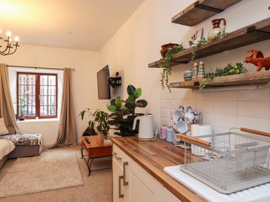 A living room with a wooden coffee table plants a wall-mounted TV and kitchen shelves with dishes at Hole in the Wall in Caernarfon