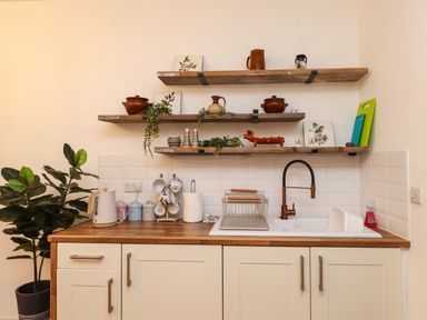 A kitchen countertop with a sink and faucet with shelves holding pottery and plants at Hole in the Wall in Caernarfon