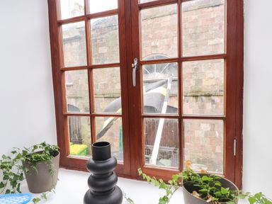 A windowsill with two potted plants and a black vase in front of a wooden-framed window at Hole in the Wall in Caernarfon