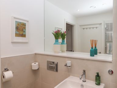 A bathroom with a sink and faucet a large mirror two turquoise and white vases with pink flowers and two turquoise reed diffusers a framed flower painting and toilet paper holders at Rolles Rainbow in Exmouth