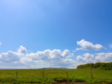 A grassy field with wooden fence posts under a blue sky with scattered clouds at Aspen Lodge in Whitby