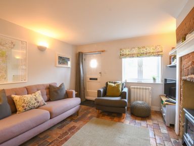 A living room with a pink sofa a gray armchair a TV a brick floor and a fireplace at Caines Cottage in Westleton