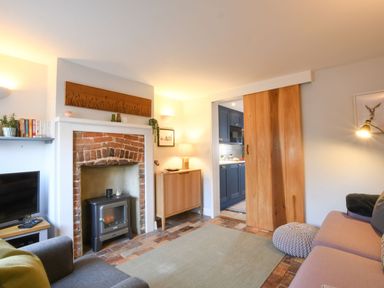 A living room with a fireplace a wood stove TV and a wooden sliding door at Caines Cottage in Westleton