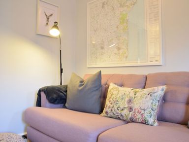 A pink sofa with a grey pillow and a floral pillow next to a floor lamp and framed map on the wall at Caines Cottage in Westleton