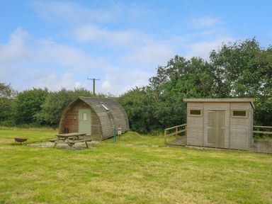 A small wooden cabin with a picnic table and a firepit next to a wooden shed in a grassy field surrounded by trees at Fox Den Penbugle Organic Farm St Keyne near Duloe