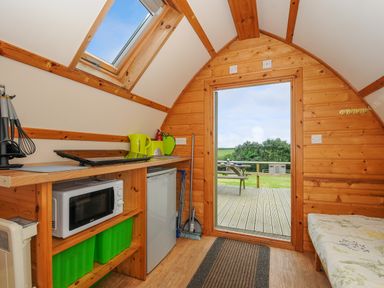 A small wooden room with a kitchenette including a microwave fridge and stove and an open door leading to a deck with picnic bench at Badger Set @ Penbugle Organic Farm St Keyne near Duloe