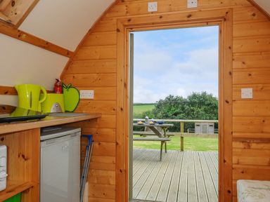 A kitchen area with a kettle toaster fridge and door opening to a wooden deck and garden at Badger Set @ Penbugle Organic Farm St Keyne near Duloe