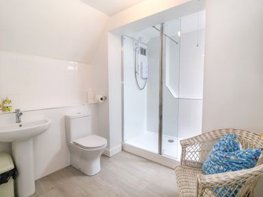 A bathroom with a sink toilet glass shower and wicker chair with a cushion at 1 Market Hill in Orford