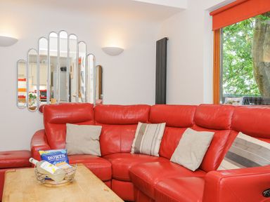 A living room with a red leather sofa a wooden coffee table and a window showing trees at Lodge Nine in Finlake Holiday Park near Chudleigh