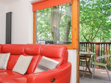 A red sofa with pillows near a window and outdoor balcony with table chairs and bottle at Lodge Nine in Finlake Holiday Park near Chudleigh