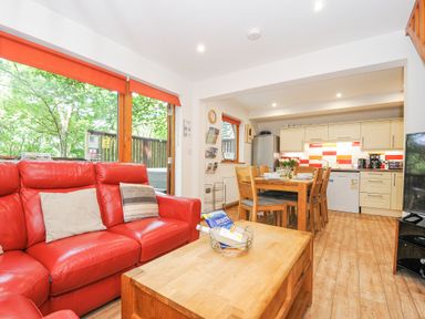 A living room with a red sofa wooden coffee table dining table and an open kitchen at Lodge Nine in Finlake Holiday Park near Chudleigh