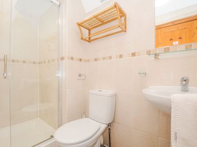 A bathroom with a toilet sink shower and wooden towel rack at Lodge Nine Finlake Holiday Park near Chudleigh