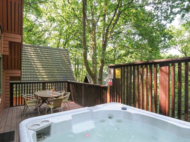 An outdoor deck with a hot tub metal chairs and a wooden table with glasses and a bottle surrounded by trees at Lodge Nine in Finlake Holiday Park near Chudleigh