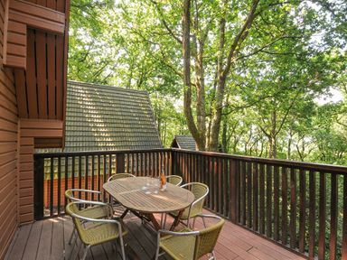 A wooden balcony with a table and six chairs surrounded by trees at Lodge Nine in Finlake Holiday Park near Chudleigh