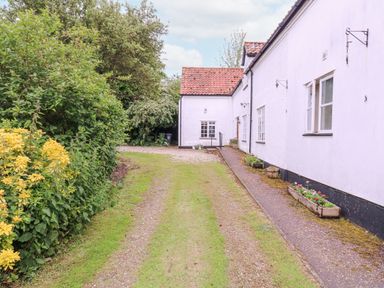 A white cottage with potted plants along the side and a gravel driveway bordered by bushes at White House Cottage in Little Snoring near Fakenham