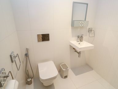 A bathroom with a wall-mounted toilet a small sink a mirror a waste bin and towel holders at 17 Cliff Edge in Newquay