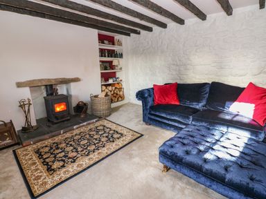 A living room with a wood-burning stove a basket of firewood a blue sofa with red cushions and a patterned rug at Rose Hip Cottage in Bellingham