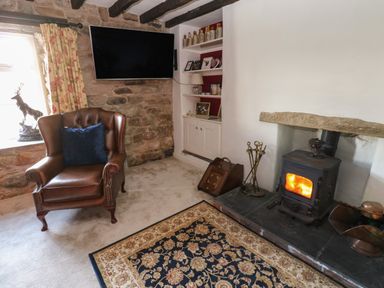 A living room with a leather armchair a fireplace with a wood stove a stone wall and a TV at Rose Hip Cottage in Bellingham