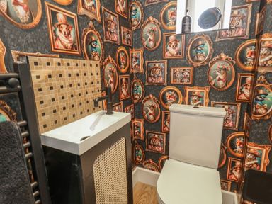 A small bathroom with a toilet sink and a wall with framed animal portraits at Manor Farm House in Bere Regis