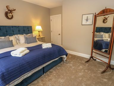 A bedroom with a bed with blue bedding a bedside table with a lamp a wall-mounted animal head a full-length mirror and a framed picture at Manor Farm House in Bere Regis