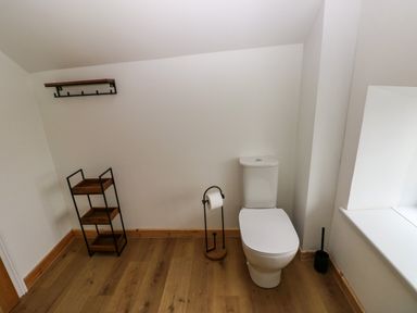 A bathroom with a toilet toilet paper holder shelving unit and window at Folly Cottage Llanteg near Saundersfoot
