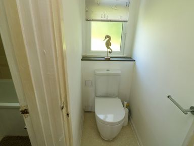 A small bathroom with a white toilet under a window with a seahorse decoration at 61 Norton Park in Dartmouth