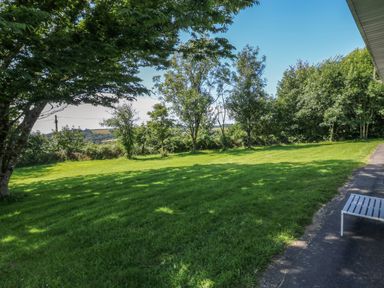 A grassy backyard with trees and a bench near a paved area at 61 Norton Park in Dartmouth