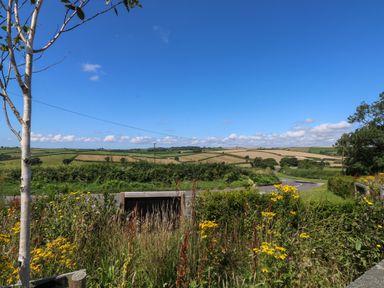 A rural landscape with fields trees and wildflowers under a blue sky at 61 Norton Park in Dartmouth