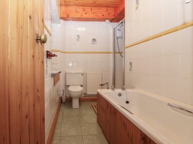 A bathroom with a bathtub toilet and shower at Ereiniog 2 in Tremadog