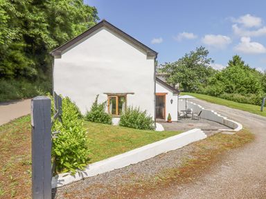 A white house with a small patio and table with umbrella next to a gravel driveway surrounded by greenery at Peace Cottage Queens Nympton near South Molton