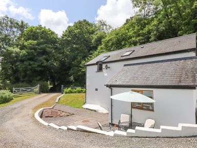 An outdoor patio with chairs and an umbrella next to a white house surrounded by trees at Peace Cottage Queens Nympton near South Molton
