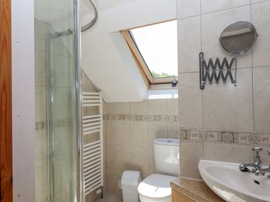 A bathroom with a shower enclosure toilet sink and a window at Dove Cottage in Queens Nympton near South Molton