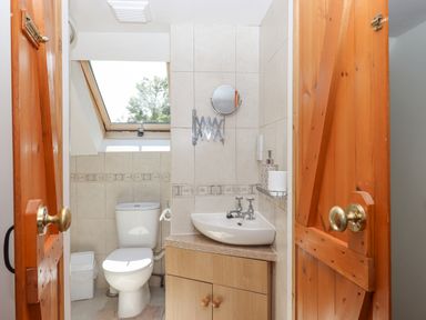A small bathroom with a wooden door a toilet a sink with cabinet and a window on the ceiling at Dove Cottage Queens Nympton near South Molton