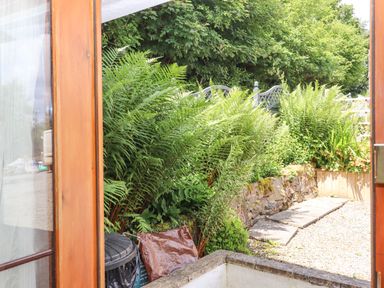 A garden area with ferns stone pathway and a wooden door at Dove Cottage in Queens Nympton near South Molton
