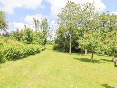 A grassy garden area with trees and shrubs under a partly cloudy sky at Dove Cottage Queens Nympton near South Molton