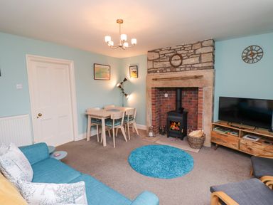 A living room with a blue sofa a fireplace a dining table and chairs and a television on a wooden stand at Woodcutters Cottage Park Village near Haltwhistle