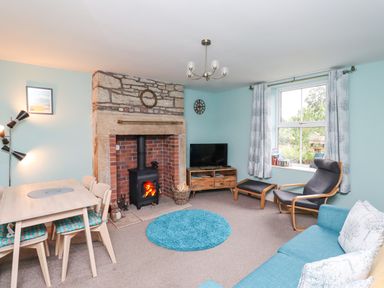 A living room with a stone fireplace wood stove blue round rug dining table chairs television and a window at Woodcutters Cottage in Park Village near Haltwhistle