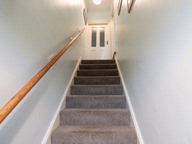 A carpeted staircase with wooden handrails leading to a white door at Woodcutters Cottage in Park Village near Haltwhistle