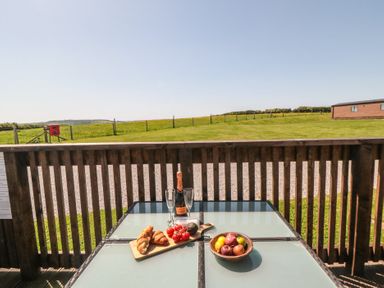 An outdoor table with food and drinks at Willow Lodge in Whitby