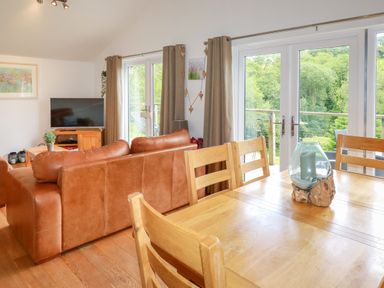 A living room with brown leather sofas wooden dining table and chairs and a television at 3 Lake View in Lanreath