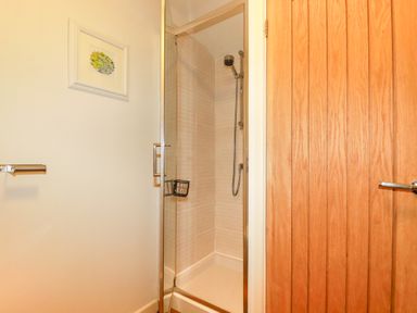 A shower enclosure with a glass door a wooden door a towel rail and a framed picture on the wall at 3 Lake View in Lanreath