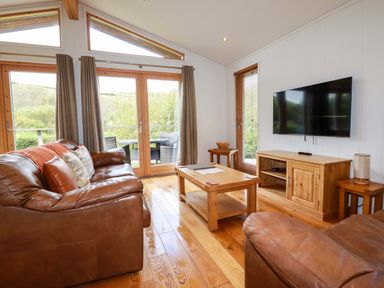 A living room with brown leather sofas wooden furniture and a wall mounted television at 1 Hedgerows in Lanreath
