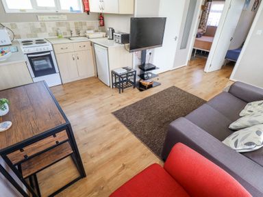 A kitchen and living area with a stove fridge sofa and television at 68 Cherry Park in Chapel St Leonards